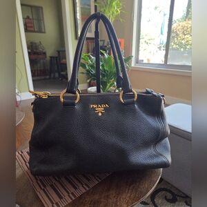 PRADA Black Textured Leather Satchel With Adjustable strap